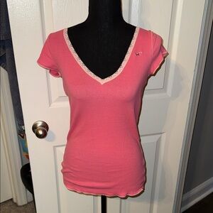 🖤HOLLISTER VINTAGE Y2K PINK LACE-TRIM HENLEY TOP SIZE L🖤